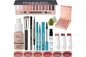 ARINDAR All In One Makeup Kit Full Kit, 3 Pcs Cream Contour Sticks,12 Colors Eyeshadow Palette,Full Coverage Foundation, 6 Colors Lipstick Set, Waterproof Eyeliner and Mascara(103# Warm Peach)