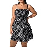 SHENHE Women's Plus Size Plaid Mini Dress Spaghetti Strap Sleeveless Ruched Flared Cami Dress