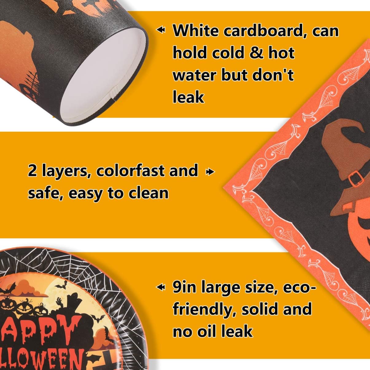 YARNOW Halloween Tableware and Decorations, 24 Guest - Pumpkin Pattern Halloween Plates, Party Cups, Napkins, Tablecloths, Serving Trays, Knives, Forks, Spoons (Orange): Kitchen & Dining