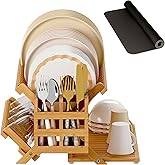 Greenual Bamboo Dish Drying Rack with Utensil Holder, 3 Tier Collapsible Dish Rack, Wooden Dish Racks for Kitchen Counter, Large Folding Drying Holder with Absorbent Dish Drying Mat