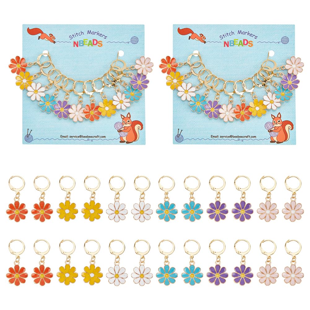 NBEADS 24 Pcs 6 Colors Daisy Flower Stitch Markers, Alloy Enamel Crochet Charms Stitch Marker Knitting DIY Gift for Knitting Weaving Sewing Accessories Quilting Jewelry Making — image 1