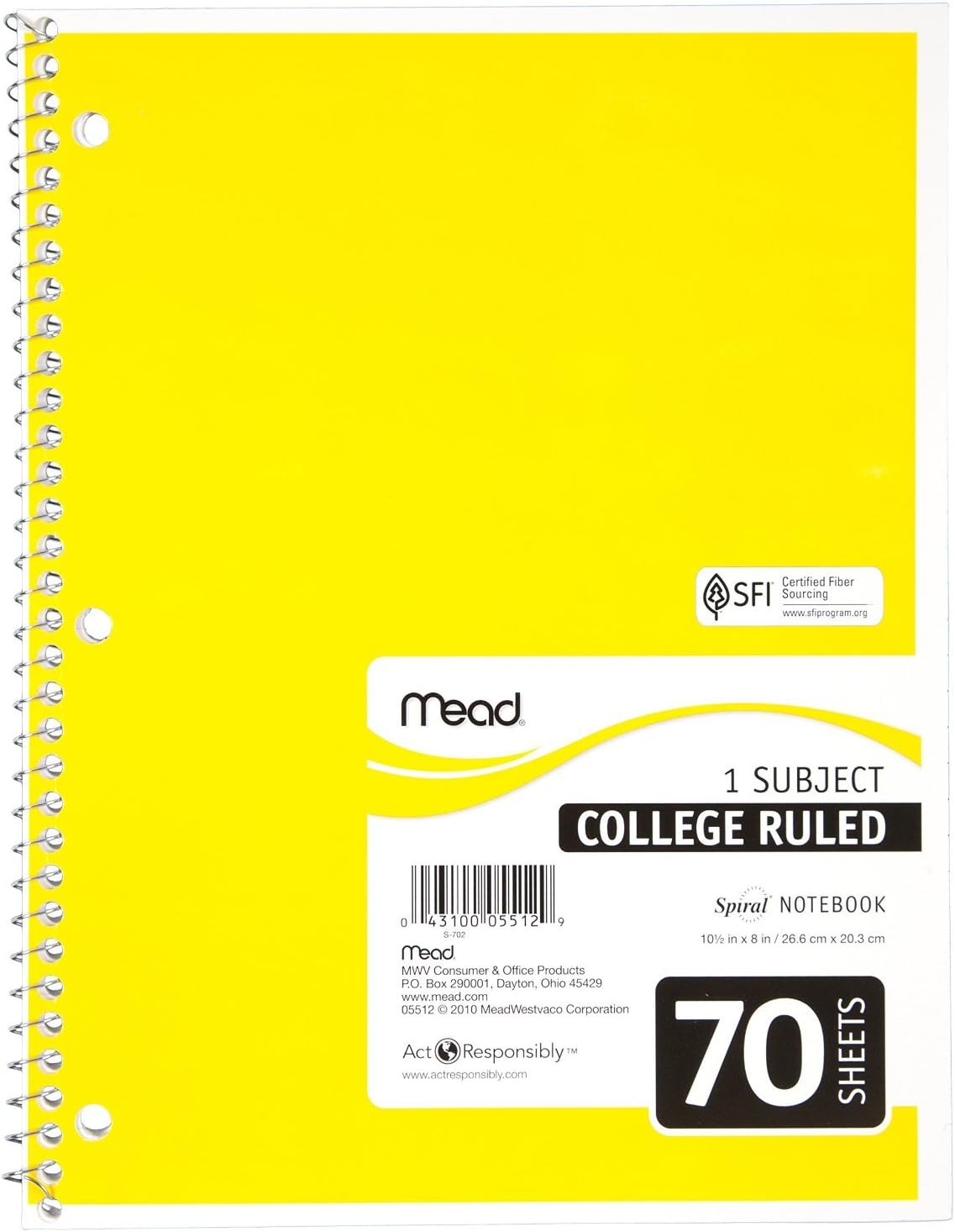 Mead Spiral Notebooks, 1 Subject, College Ruled Paper, 70 Sheets, Colored Note Books, Lined Paper, Home School Supplies for College Students & K-12, 10 1/2" x 8”, Assorted Colors, 6 Pack (73065) : Office Products