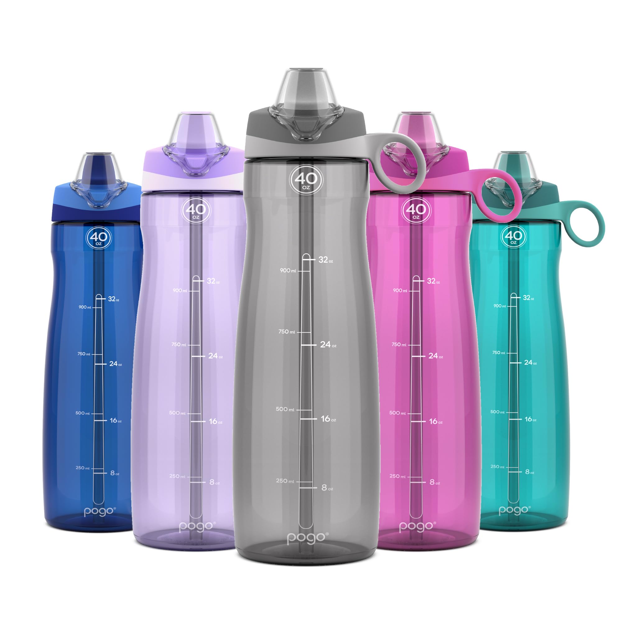 Pogo BPA-Free Tritan Plastic Water Bottle with Soft Straw, 40 Oz, Grey