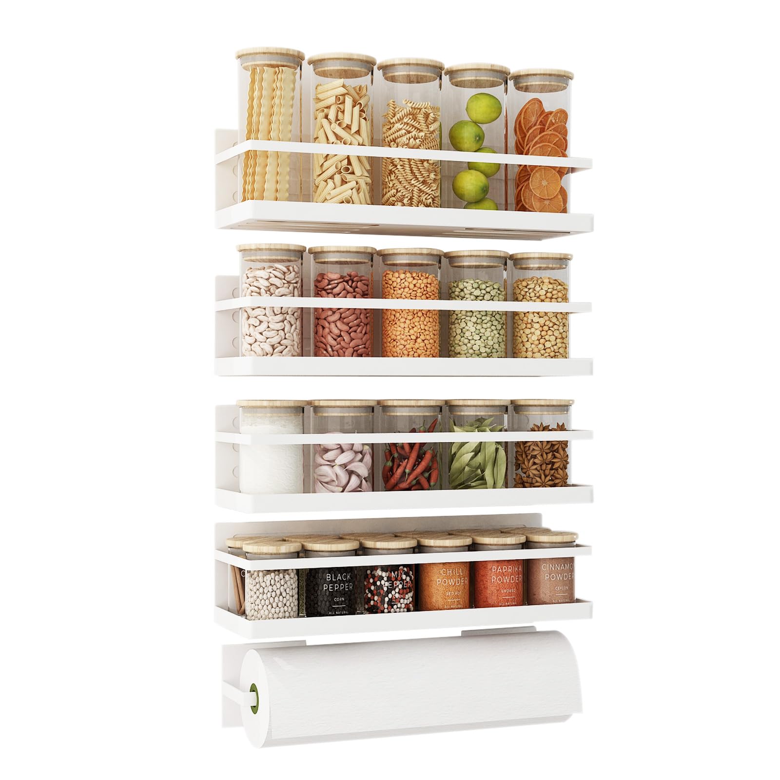 Photo 1 of Roysili Magnetic Spice Rack for Refrigerator Magnetic Fridge Shelf for Kitchen Spice Organizer Magnetic Shelf for Fridge Space Saving White 4 Pack with Magnetic Paper Towel Holder