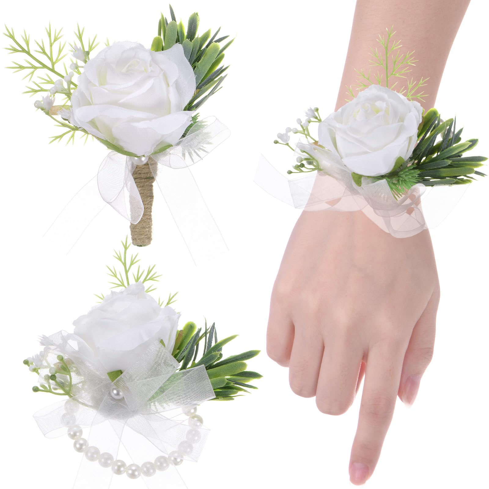 M METERXITY 1-Set Wrist Corsage and Boutonnieres Set, Artificial Rose Flower Wristlet and Men Corsage for Wedding/Party/Prom/Decorations, Flower Wrist Corsage Set [White]
