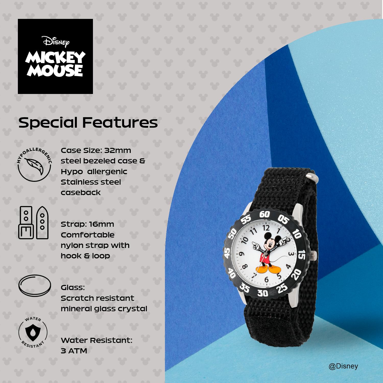 Disney Disney Mickey Mouse Kids' Bezel Stainless Steel Time Teacher Analog Nylon Strap Watch