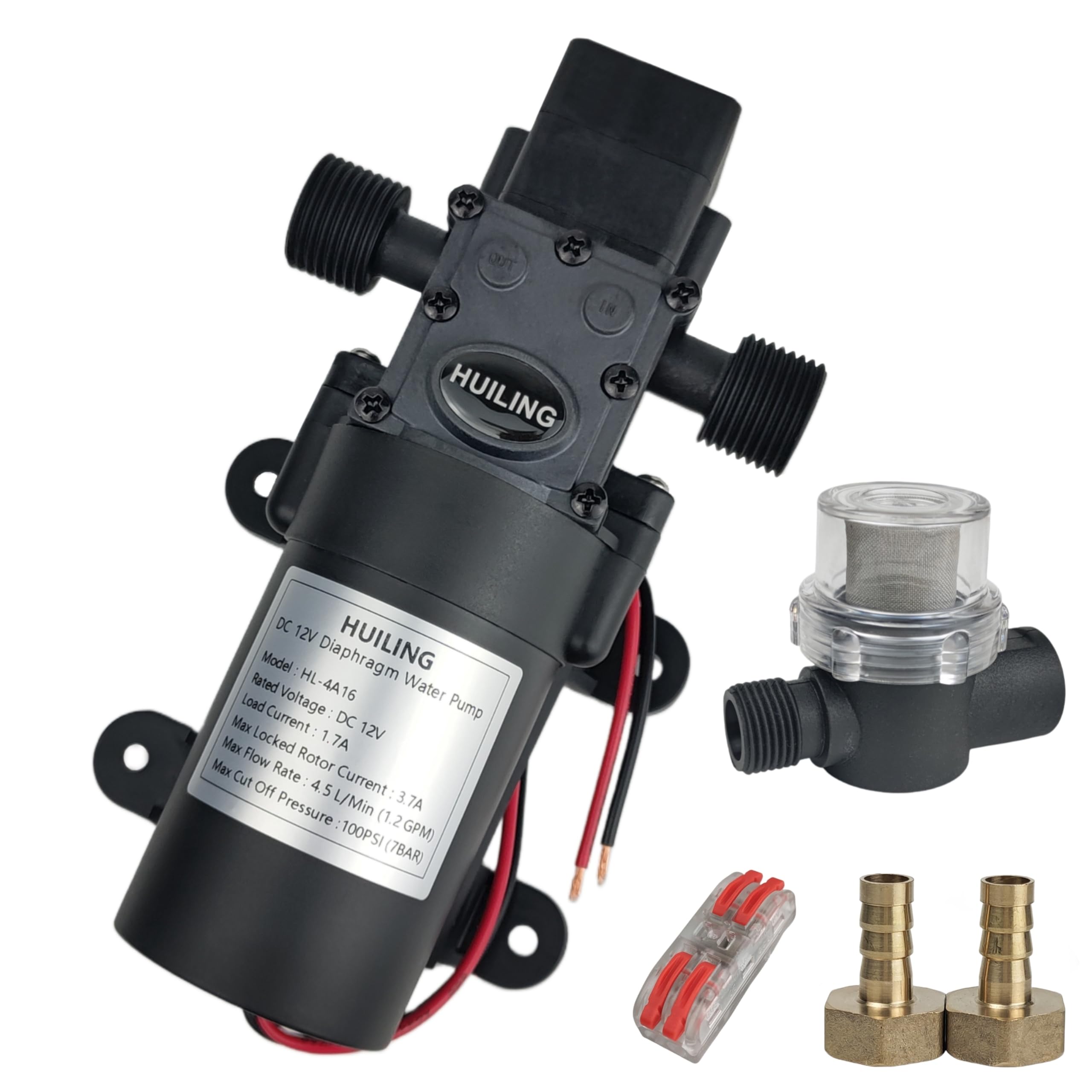 Photo 1 of HUILING DC 12V Diaphragm Pump, Self-Priming Pump with Filter Quick Connection Terminal, 1.2 GPM 100 PSI Pressure Switch Adjustable Spray Pump, Suitable for RV Camping Shower Garden