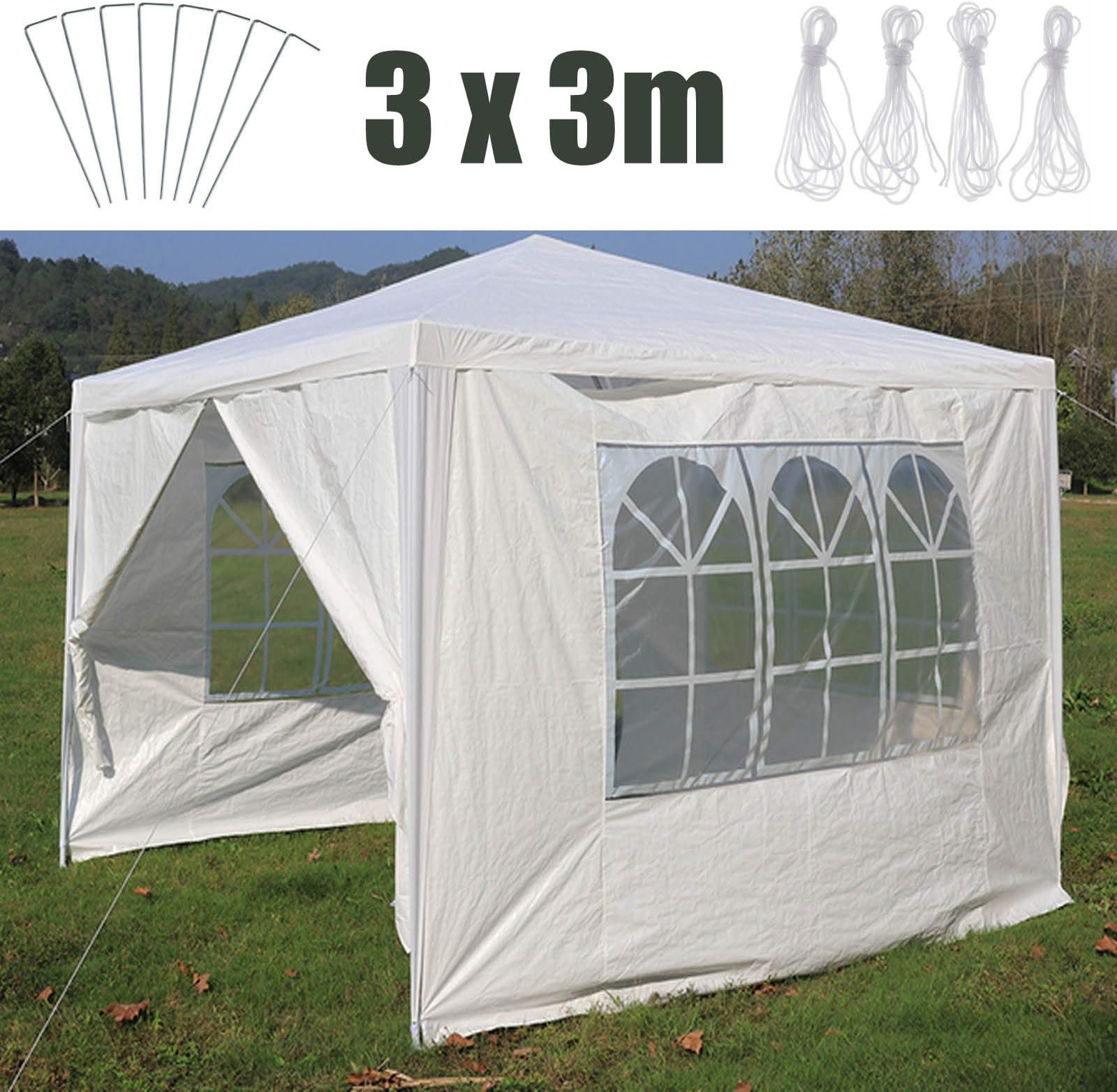 Bowose 3x3M Gazebo with 4 Side Walls 3 Windows Door with Zipper Garden Outdoor Waterproof Tent Awning Marquee Upgraded Version More Stable, White