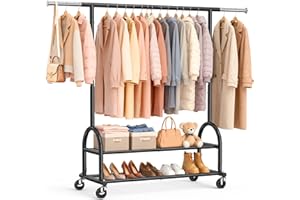 EAGMAK Heavy Duty Clothes Rack Load 556 LBS, Rolling clothing Rack with Sturdy Wheels and 2 Shelves, Height Adjustable Metal 