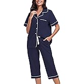 CF Women's 100% Cotton Pajamas Set Short Sleeve Top & Long Pants Sleepwear Button Down Pjs Sets Comfy Loungewear with Pockets