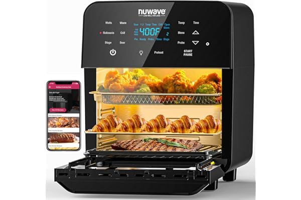 Nuwave Brio 15.5Qt Air Fryer Rotisserie Oven, X-Large Family Size, Powerful 1800W, 4 Rack Positions, 50°-425°F Temp Controls,