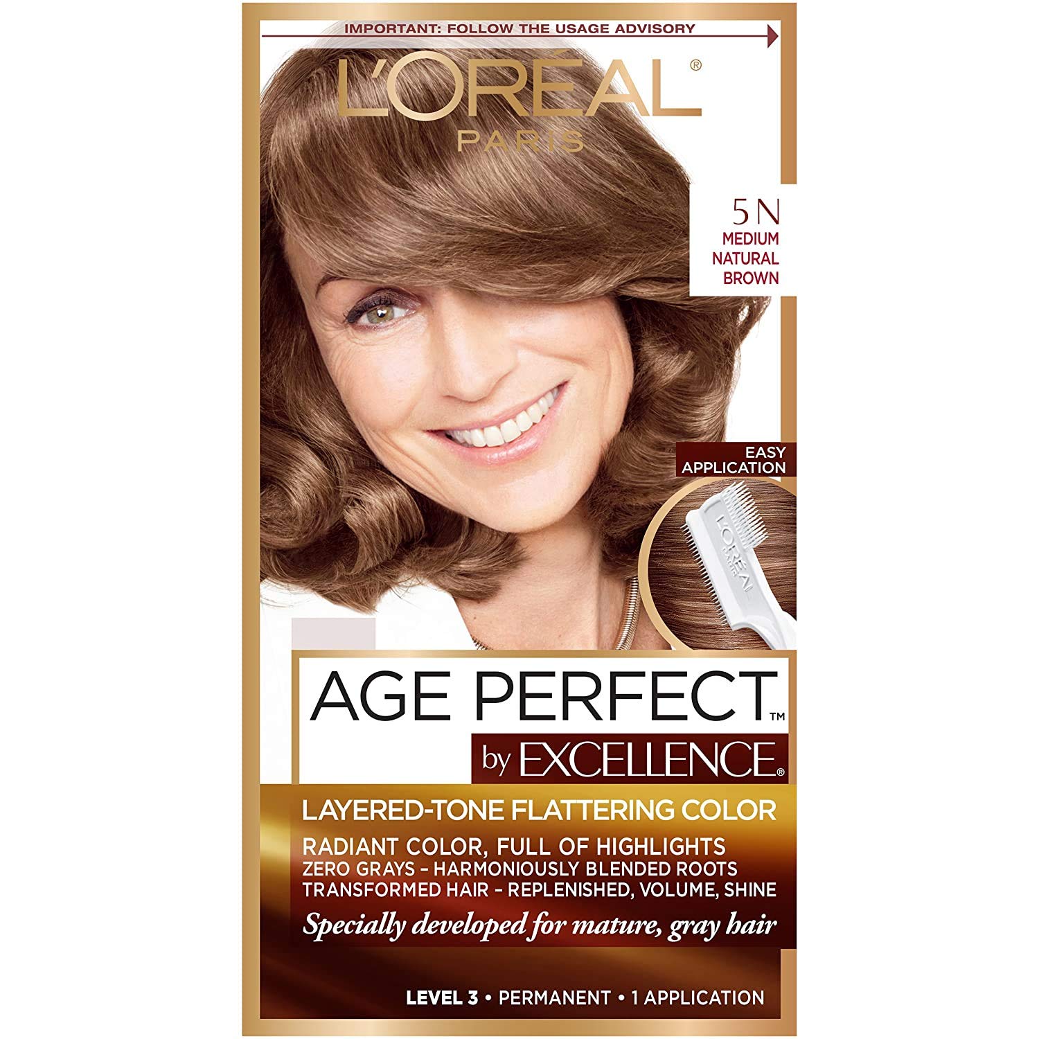 L'Oreal Paris ExcellenceAge Perfect Layered Tone Flattering Color, 5N Medium Natural Brown
