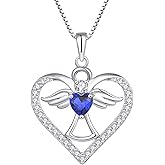 FJ Guardian Angel Necklace 925 Sterling Silver Heart Angel Wings Pendant Birthstone Jewelry for Women