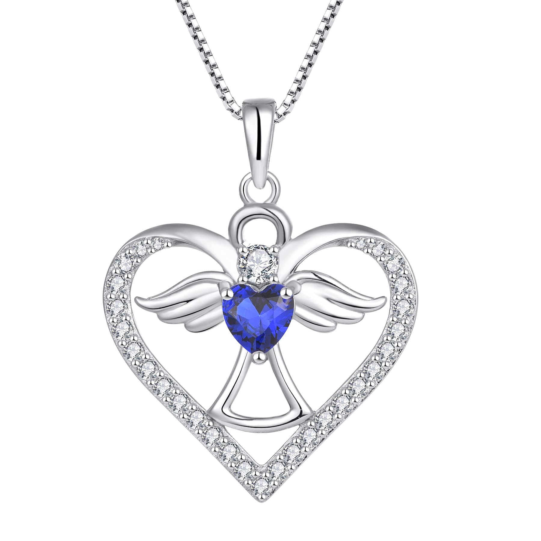 FJ Guardian Angel Necklace 925 Sterling Silver Heart Angel Wings Pendant September Birthstone Necklace Sapphire Jewellery for Women