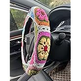 YDMZZB Crochet Galsang Flower Car Steering Wheel Covers,Seat Belt Cover,Car Interior Accessories Decorations (A,Steering Wheel Cover)