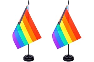 JBSJBS Pride Gay Desk Flag 12" Solid Pole Deluxe Set Progress Pride Rainbow Flags Banner Mini Small LGBTQ Office Table Flags with Black Stand Base Desktop Decorations(2Pack)