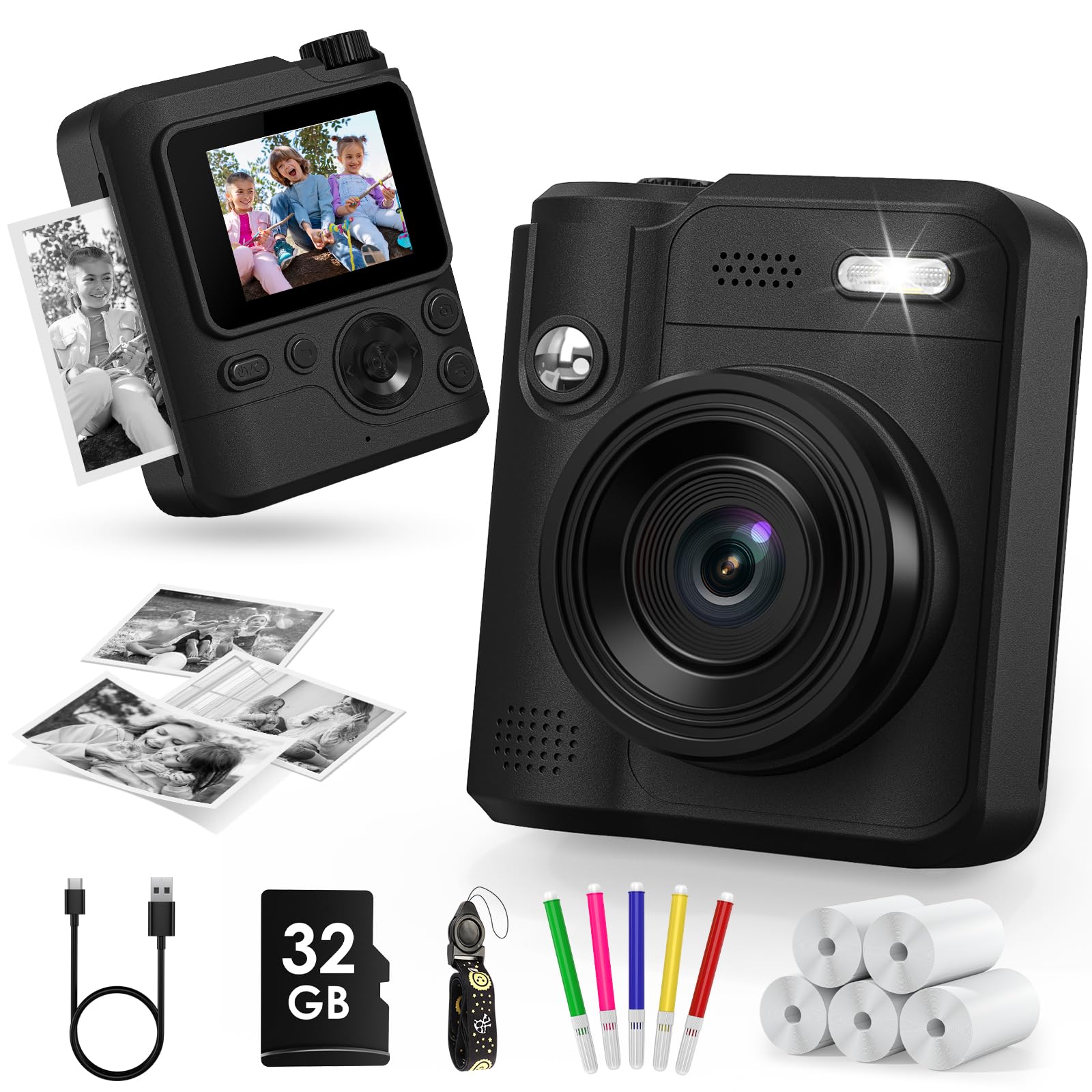 Gofunly Kids Camera Instant Print, 1080P Digital Camera for Kids with 32GB Card & 5 Print Paper Rolls, Selfie Toy Gift for Girls & Boys Ages 3-12, Black