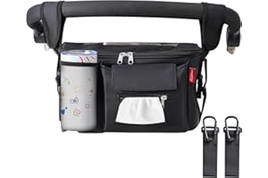 ALLONWAY Stroller Organizer with 2 Hooks, Universal Caddy with Cup Holder and Phone Bag, Fits Doona, Baby Jogger, Uppababy (Black)