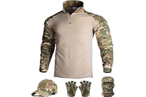 SANYETS Mens Tactical Camo Shirt,Long Sleeve Combat Shirt,Cap Gloves Balaclava and 1/4 Zip Military Top Airsoft Gear