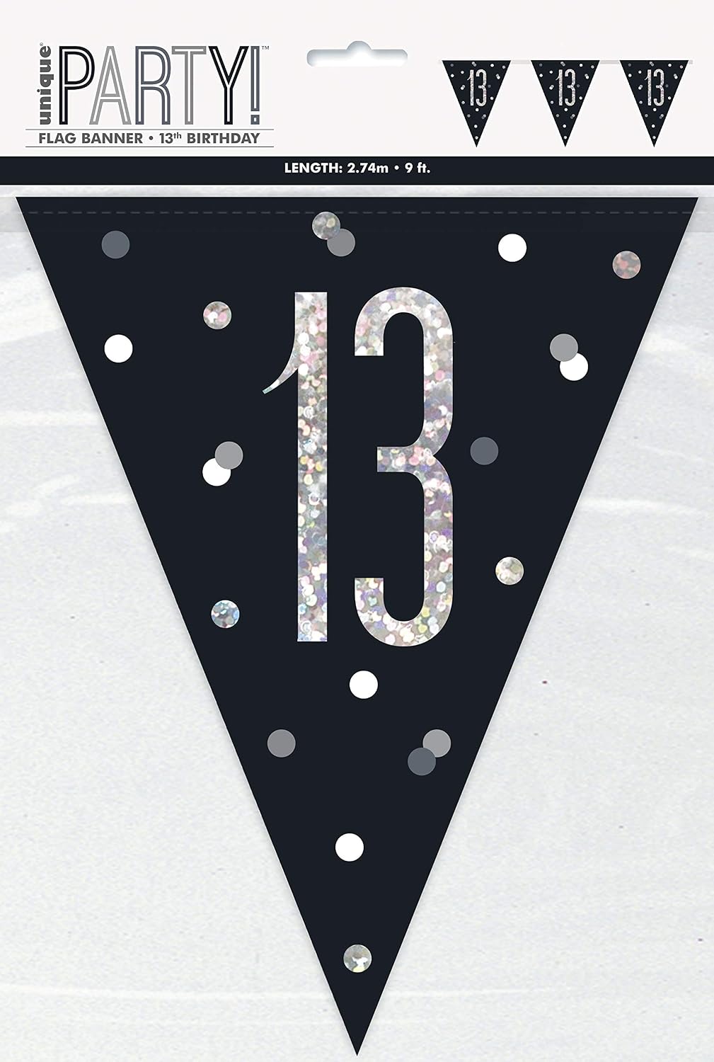 Unique Party 83422-9ft Glitz Black & Silver 13th Birthday Bunting Banner, Age 13