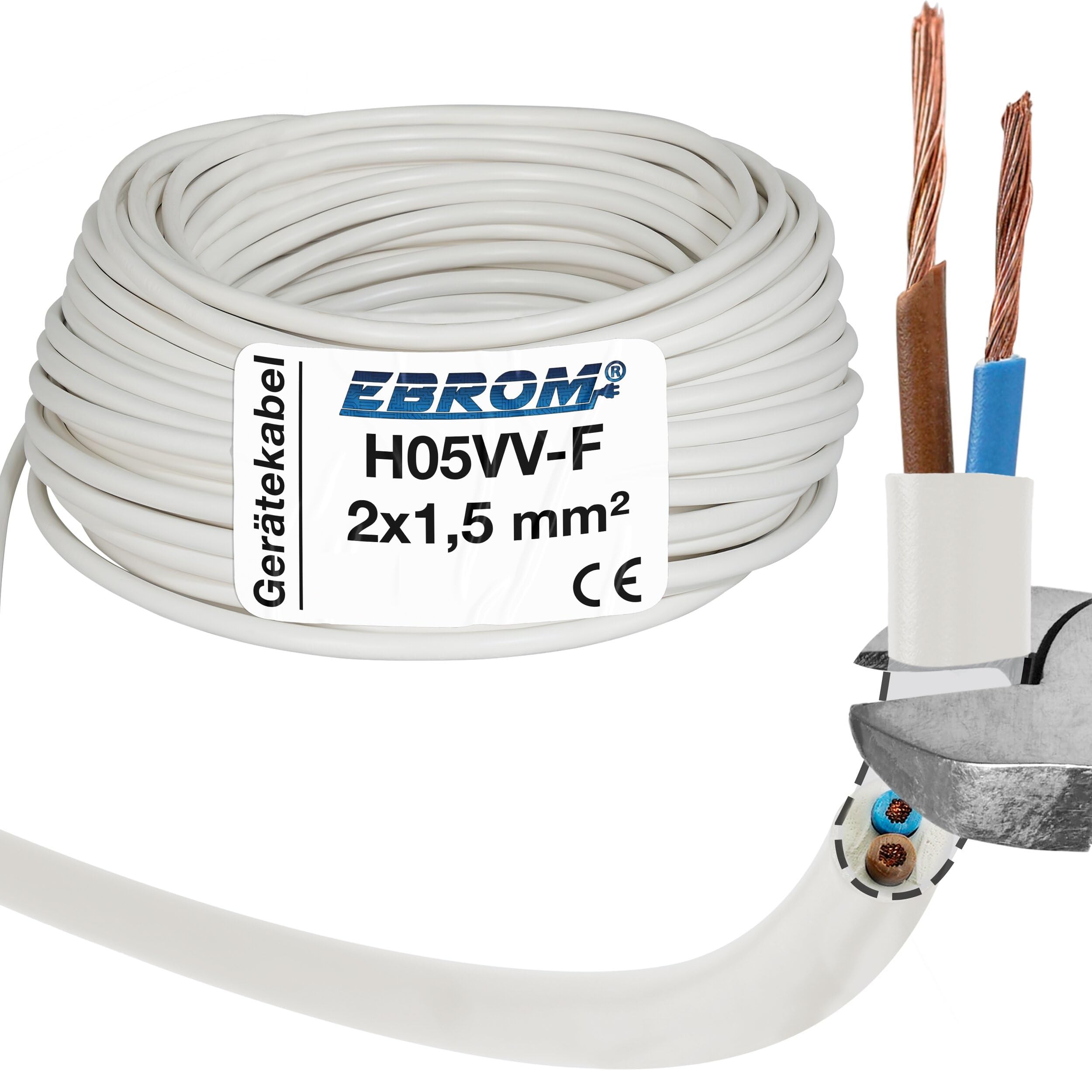 EBROM Plastic Hose Line, PVC Device Cable, 2 x 1.5 mm², White, 20 m