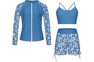 Funnycokid Girls Swimsuit 3 Pieces Zip Rash Guard Bathing Suits Set Kids Bikini Boyshort Summer Swimwear 3-14 Years