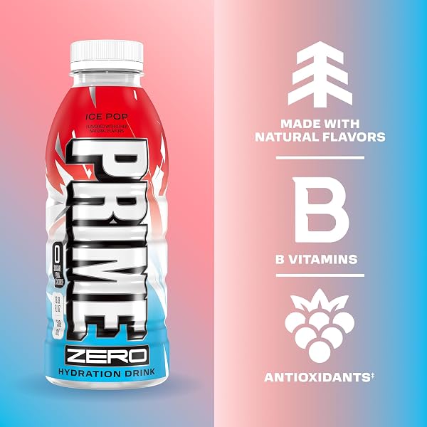 PRIME ZERO ICE POP, SUGAR FREE SPORTS DRINKS, ELECTROLYTE ENHANCED TO REPLENISH FLUIDS, B VITAMINS, ANTIOXIDANTS, LOW CALORIE, MADE WITH NATURAL FLAVORS, 16.9 FL OZ 12 PACK