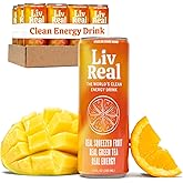 LivReal Clean Energy Drink – Organic Green Tea Caffeine 125mg + L-Theanine 100mg – Real Fruit, No Sweeteners or Flavorings – Vitamin C & B Complex – Sparkling Orange Mango Water – 12 Pack, 12 fl oz
