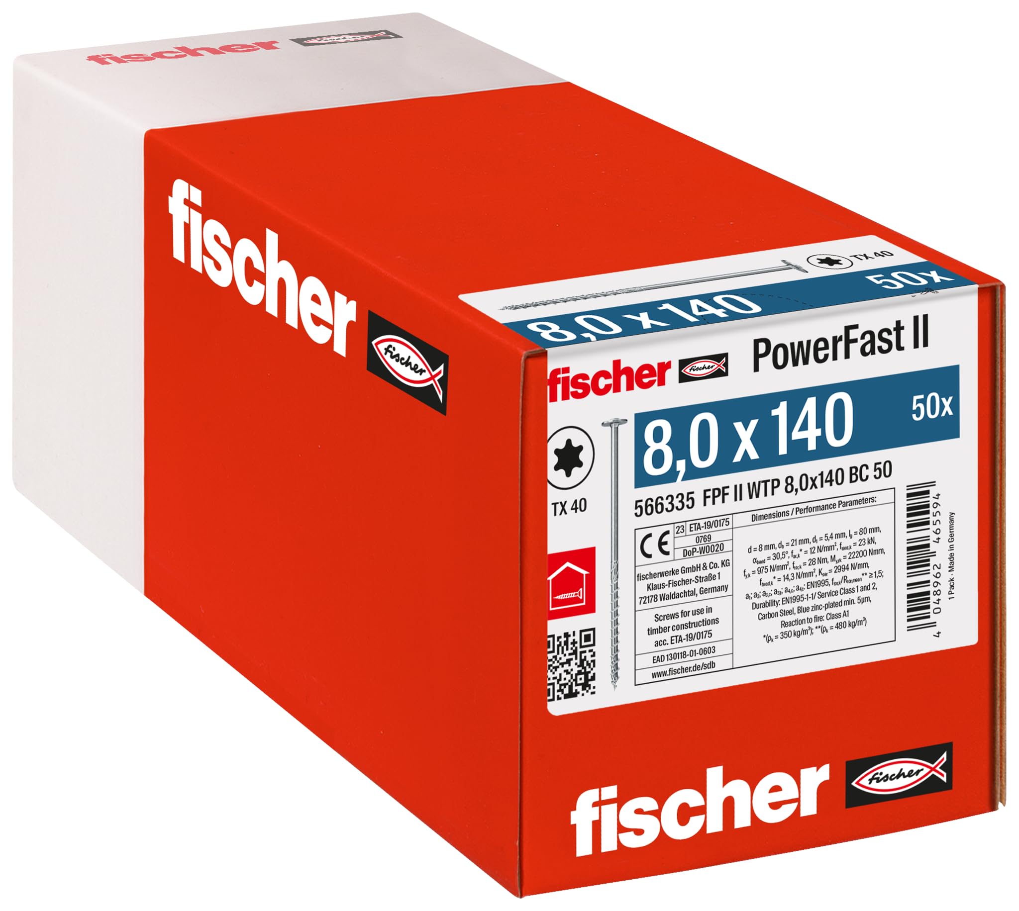 fischer PowerFast II WTP 8.0 x 140, Powerful Wood Screws with Flat Head, Inner Star Receptacle and Partial Thread, for Structural Wood Construction, Pack of 50