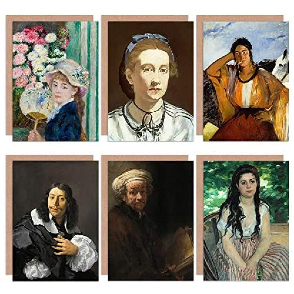 Artery8 Renoir Rembrandt Manet Self Portrait Summer Woman Fan Mixed Fine Art Greeting Card Pack of 6