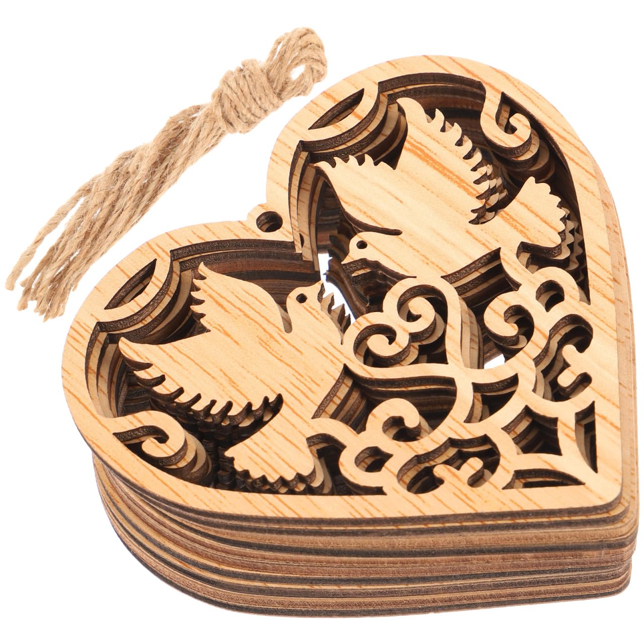 Healifty 10pcs Heart Wood Slices Love Birds Shaped Wooden Chip Hanging Wood Slices Wedding Decorations Ornaments with Strings
