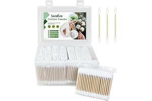 Sealive 1000 Count Bamboo Cotton Swabs with Storage Case - Pointed Tip Organic Cotton Buds Double-Ended, for Makeup Applicati