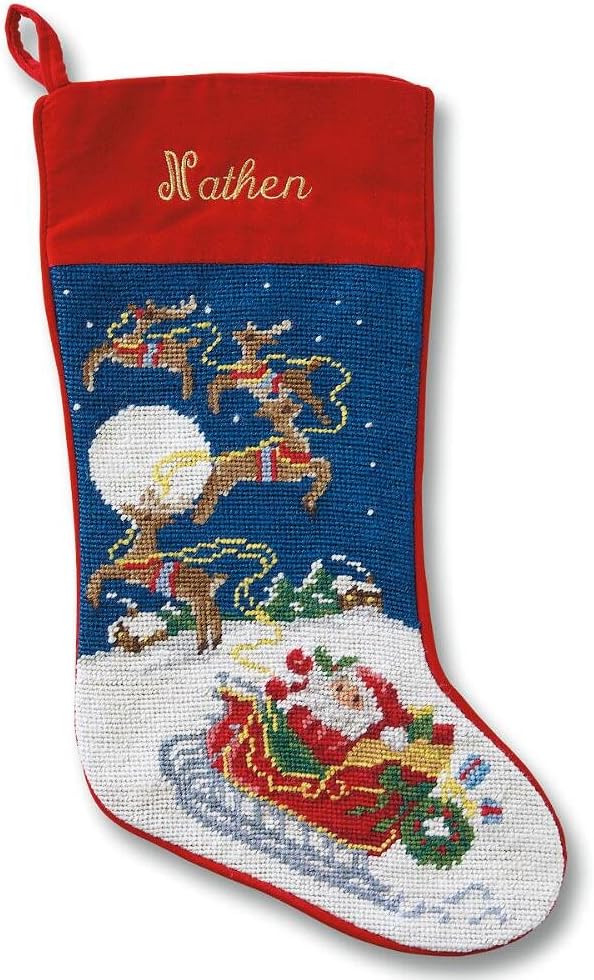 Stockings & Holders - Lillian Vernon Personalized Heirloom Christmas Stocking Needlepoint Sleigh and Reindeer, 100% Wool, 9.5