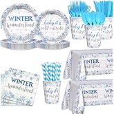 AIBIIN 194pcs Winter Wonderland Baby Shower Decorations Winter Wonderland plates and Napkins, Cup, Tablecloth, Tableware, Blue Disposable Christmas Snowflake Party Supplies Serve 24 Guests