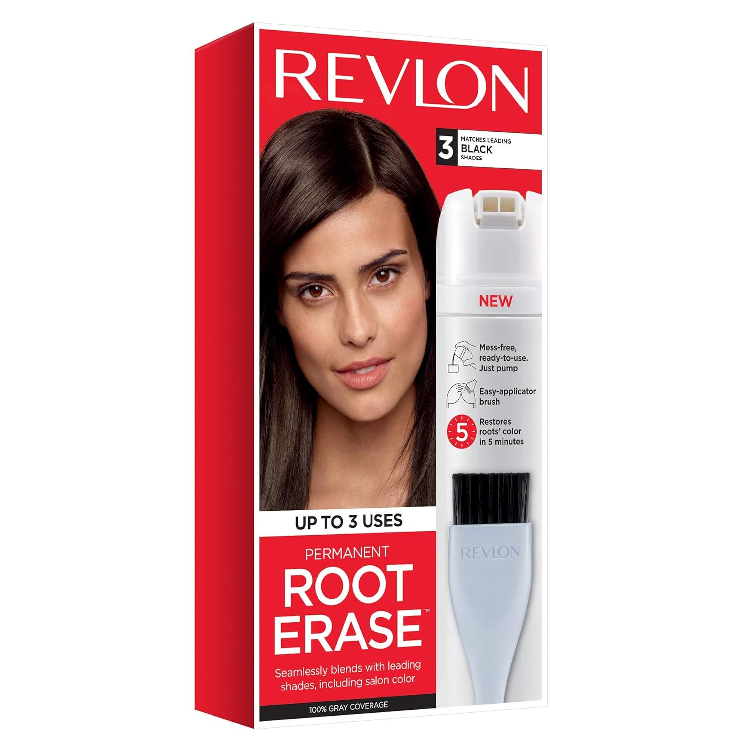 Revlon Root Erase Permanent Hair Color, At-Home Root Touchup Hair Dye with Applicator Brush for Multiple Use, 100% Gray Coverage, Black (3), 3.2 Fl Oz: Beauty