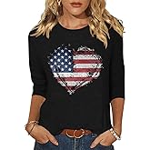 Woffccrd Womens 3/4 Sleeve American Flag T-Shirts Crew Neck 4th of July Summer Graphic Tee Tops