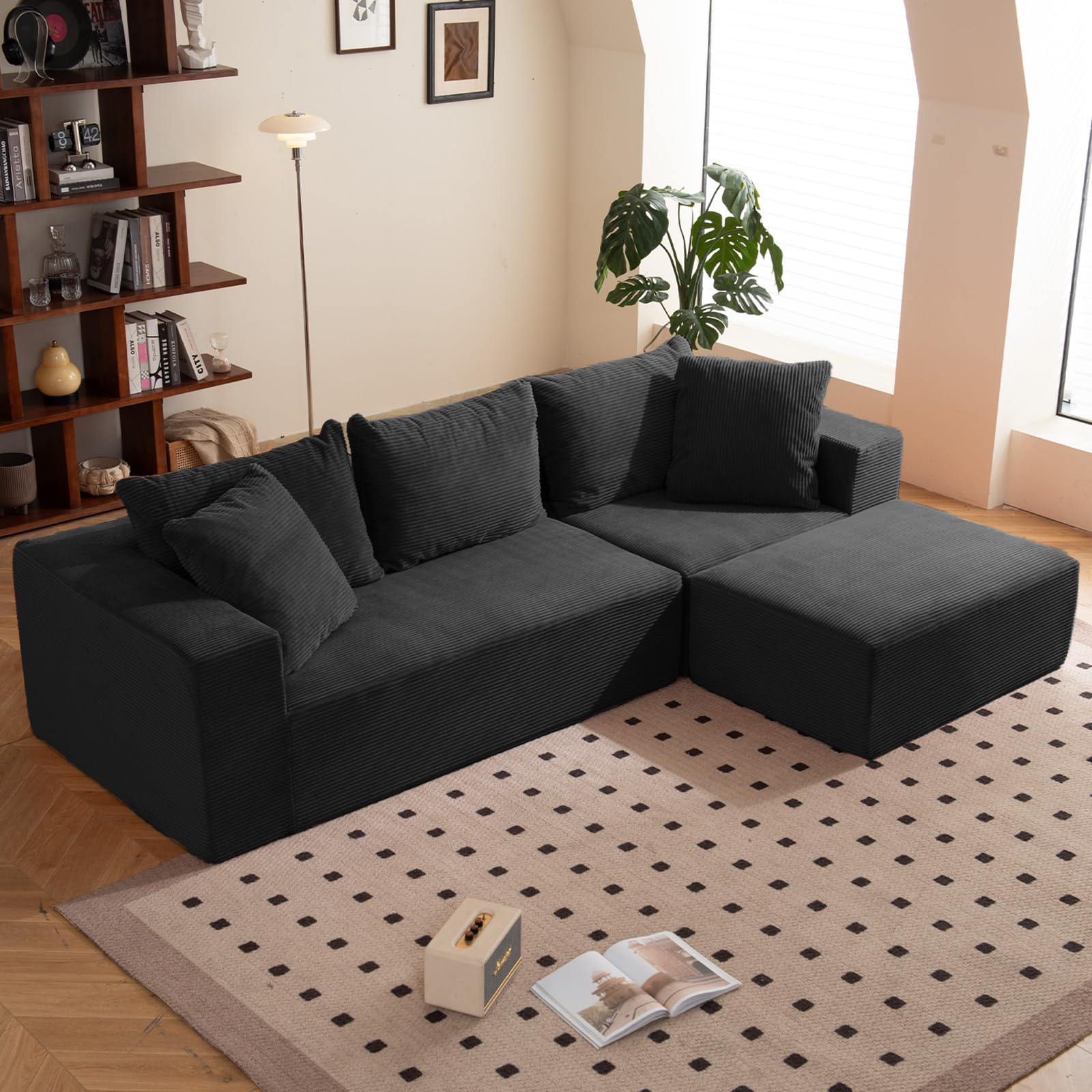 Photo 1 of Modular Sectional Sofa, 108" L-Shaped Boneless Couch with Deep Seat, Corduroy Cloud Couch for Living Room, Bedroom, No Assembly Required, Ship in a Box, Black