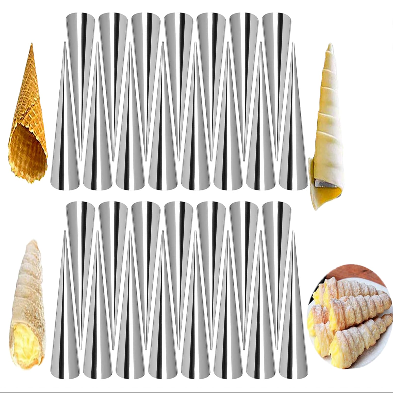 JasCherry 30 Pcs Stainless Steel Screw Croissant Mould, Cream Horn Cones, Cannoli Tubes, Ice Cream Lady Lock, Puff Waffle, etc.