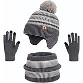 Kids Winter Hat Gloves Scarf Set,Beanies with Earflap Pompom Neck Warmer Touchscreen Gloves Fleece Lined for Boys Girls 4-10Y