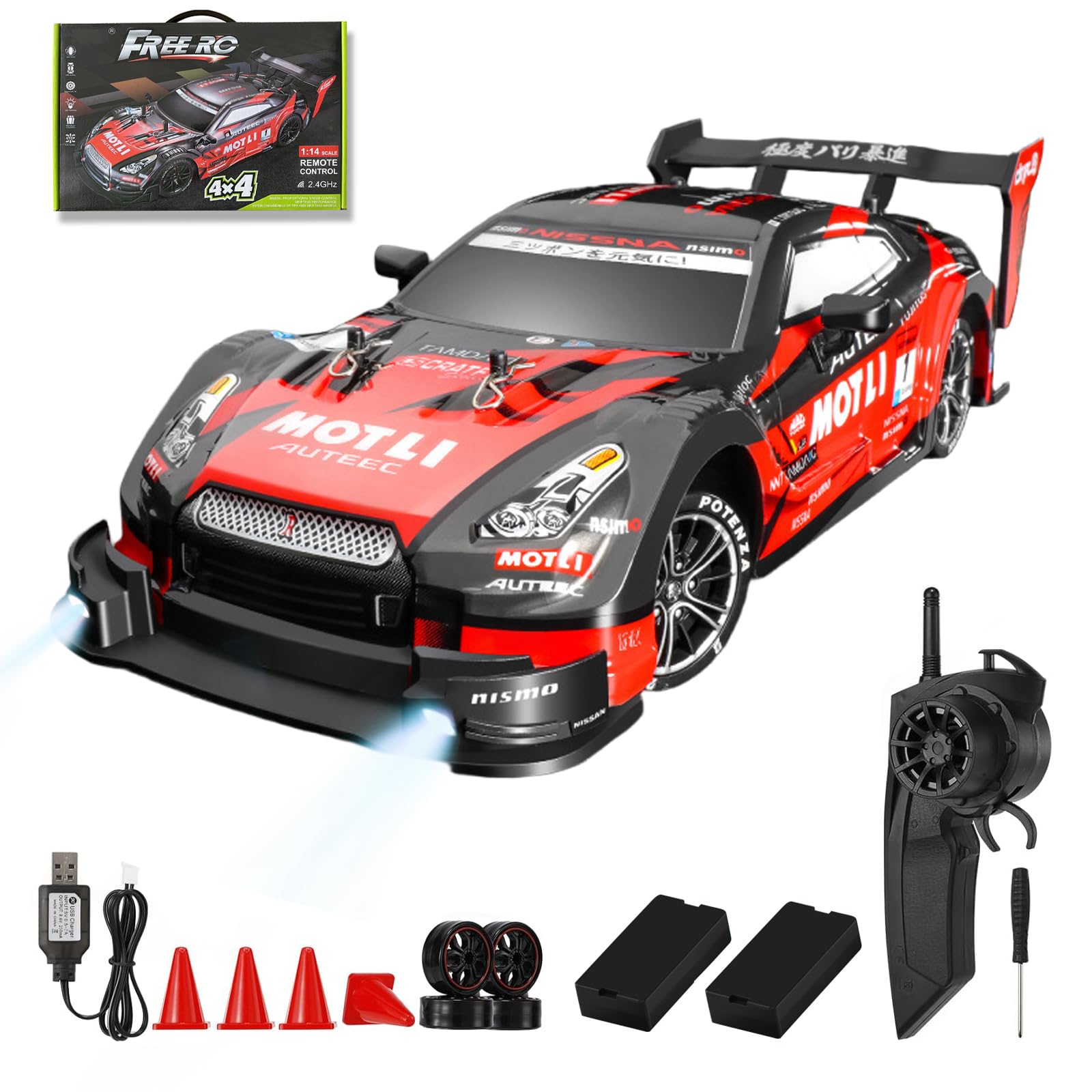 Photo 1 of Authticar RC Drift Car, 1:14 Scale GTR Model, 4WD 28KM/H High Speed Remote Control Racing, 2.4GHz Electric Sport Drifting Car with LED Lights Speed ??Adjustment Gifts for Teens and Adults