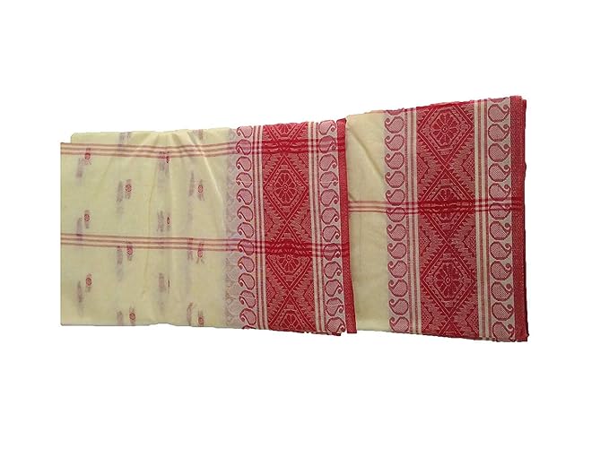 Bengal Premium Cotton Tant Saree Santipuri Tant Saree Fine Smooth Cotton Handmade Whole Body Design (Red and Off-White)