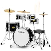 AODSK 5 drums &amp; 3 cymbals 14 Inch Drum Set, Complete Kit w/Throne &amp; Sticks | All Hardware Included, Adjustable Stool, Bass Pedal, Perfect for Young Beginners, Music Class, Holiday Gift, Easy Setup