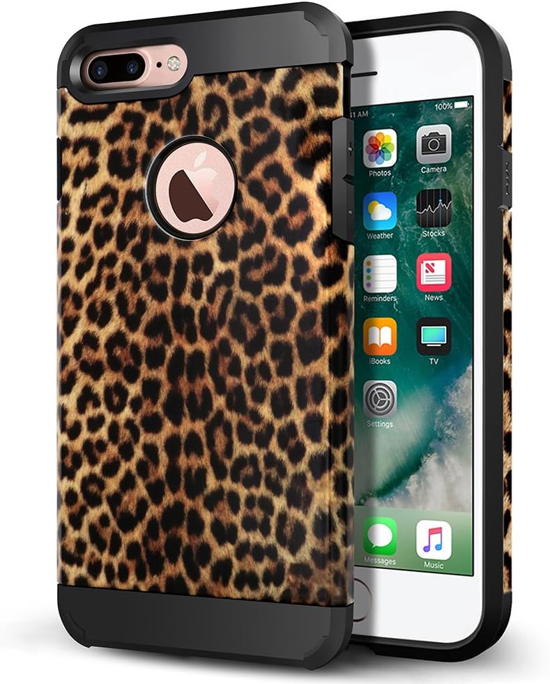 LOEV iPhone 7 Plus Case, iPhone 8 Plus Case, Slim Fit Dual Layer Shockproof Protective Case, Black Rubber Bumper & Hard PC Back Armor Case Cover for Apple iPhone 7/8 Plus 5.5" - Leopard Print Pattern