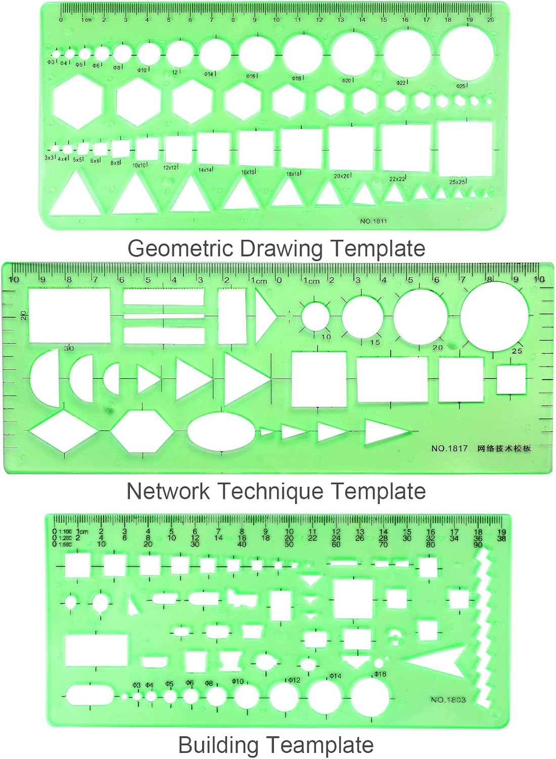 11PCS Geometric Drawings Templates, Drafting Stencils Measuring Tools, BetyBedy Plastic Clear Green Ruler Shapes with a Zipper Bags for Architecture, Office, Studying, Designing and Building : Kitchen & Dining