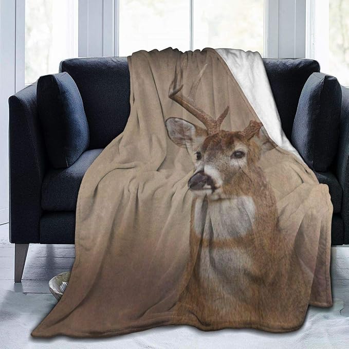 Comfy Fleece Faux Fur Throw Blanket Vintage Whitetail Buck Deer Cozy