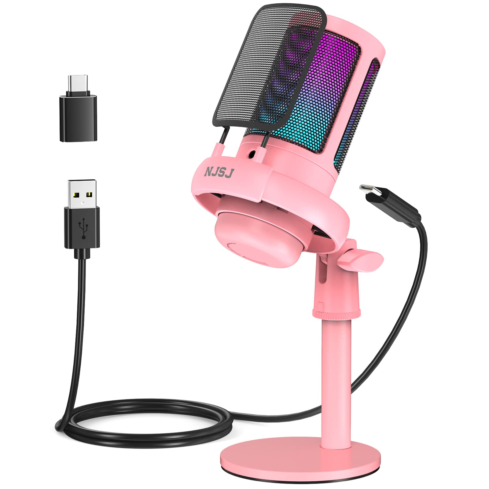 NJSJ Gaming Microphone, USB Microphone for PC/ PS4/ PS5/ Mac/Phone, Condenser Mic with Touch Mute, Brilliant RGB Lighting, Gain knob & Monitoring Jack for Recording, Streaming, Podcasting (Pink) — image 1