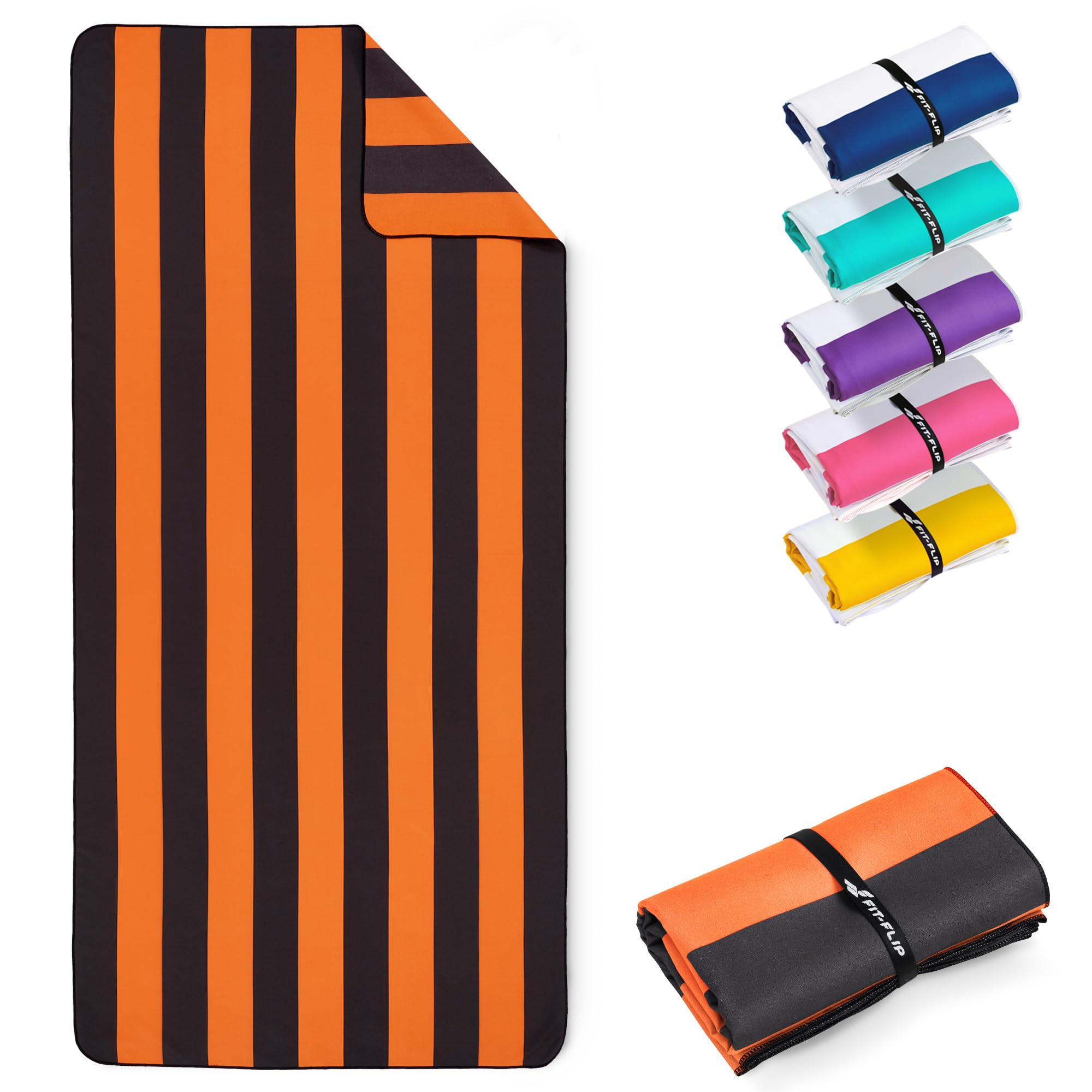 Fit-Flip Beach towel microfibre - large quick dry towels - for travel and swimming - lightweight, compact and super absorbent - sand free, 100% recycled - Darkgrey-Orange stripes 200x90cm