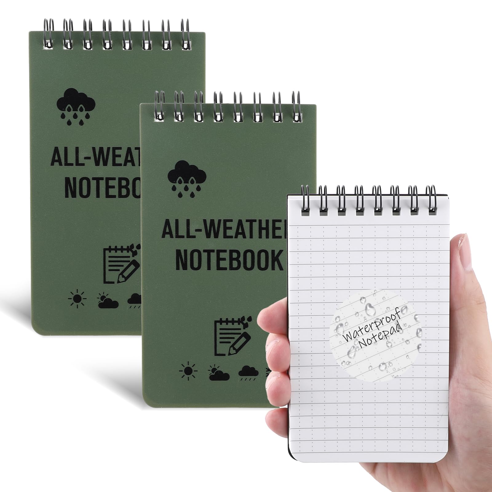 Aeaocvo 2 Pack Waterproof Notebook 3 x 5 Inches Army Green Pocket Notepad Write in the Rain Notebooks All Weather Notepads for Outdoor Activity Recording