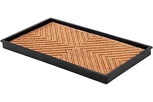 Anji Mountain Heavy Duty Waterproof Rubber Shoe Storage Mat Organizer/Boot Storage Tray Multi Use for Entryway with Coir, Tan Cross Embossed Insert, Fits 2 Pair (24.5" Wide)
