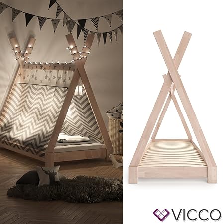 Vicco Kinderbett Tipi Kinderhaus Indianer Zelt Bett Kinder Holz Haus Schlafen Spielbett Hausbett 80x160 (Natur)